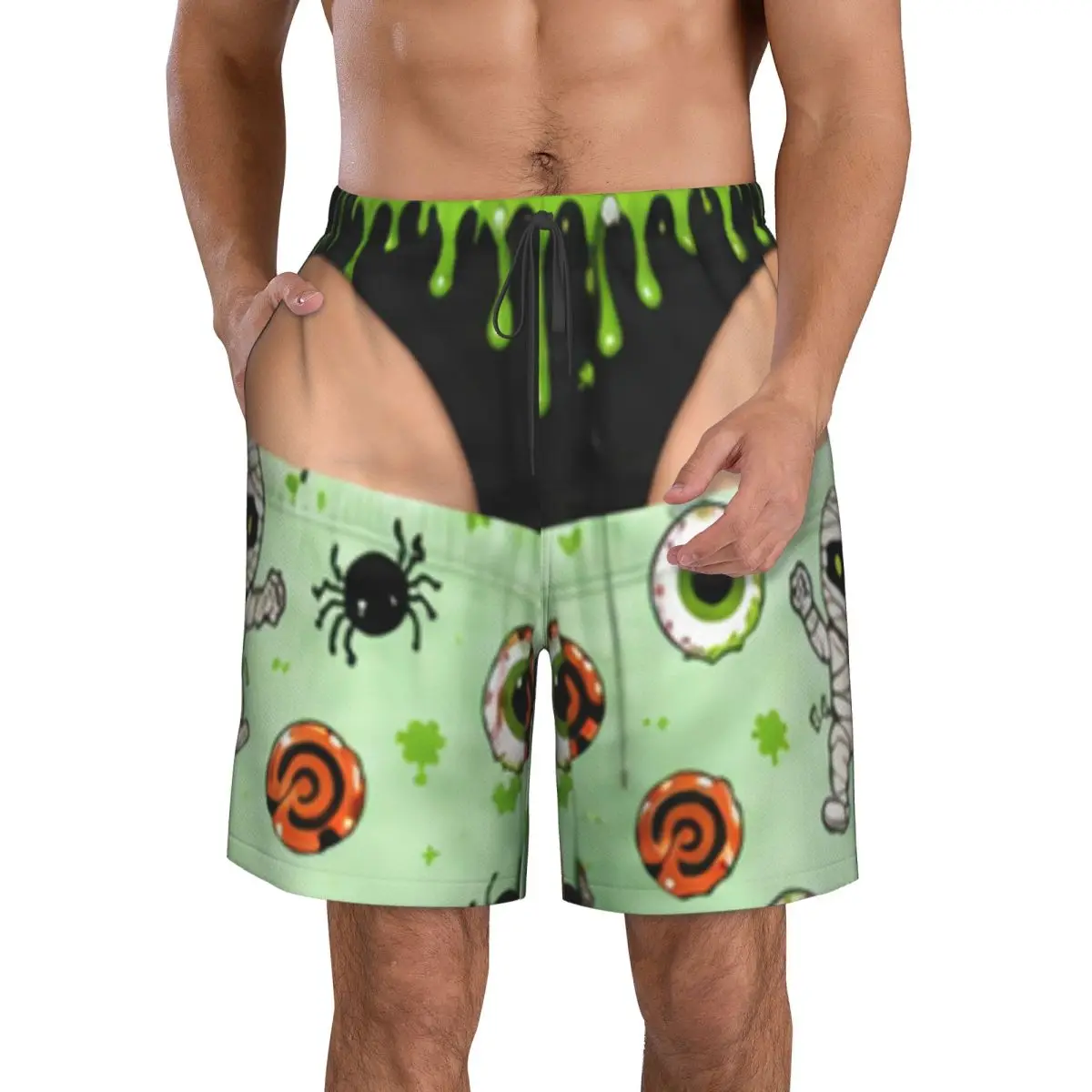 Funny Sexy Halloween Spider Web Spooky Gothic Raven Men's Swim Trunks Bathing Suit Board Shorts Mesh Lining Beach Swimwear
