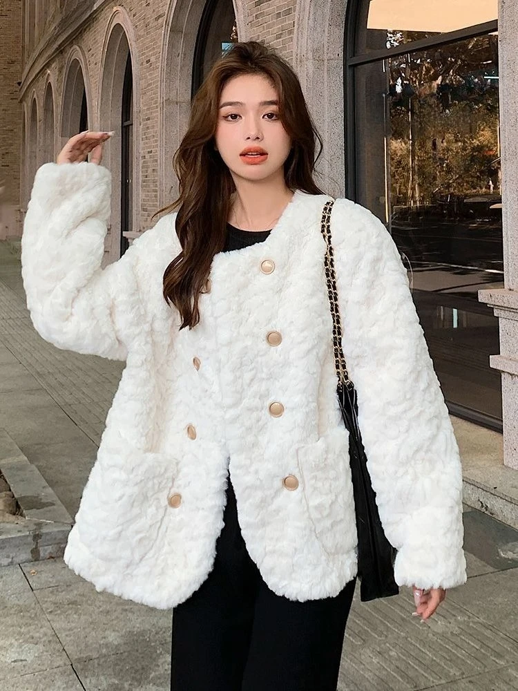 ​Trending 2025 Winter Petites Lamb Wool Coat Short Thickened Furry Cotton Jacket Loose Fit Warmth​