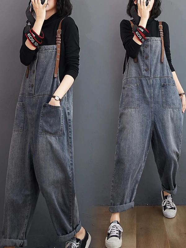 

Свободные повседневные джинсовые комбинезоны-шаровары для женщин, весна-осень, новый стиль, большие размеры, с высокой талией, длина 7/8, на пуговицах