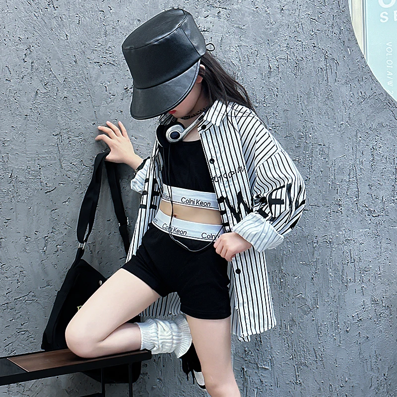 Spring Autumn junior Girls Blouse Baby Long Shirt Teenage kids Tops Children Clothes Fashion Striped Letter Print Oversize 5-14