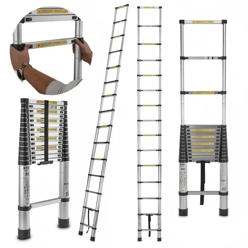 Escalera telescópica multiusos de 2.6/3.2/3.8/4.4M de acero inoxidable, capacidad de carga de 330LB, compacta, plegable, antideslizante, EN131, para interiores y exteriores