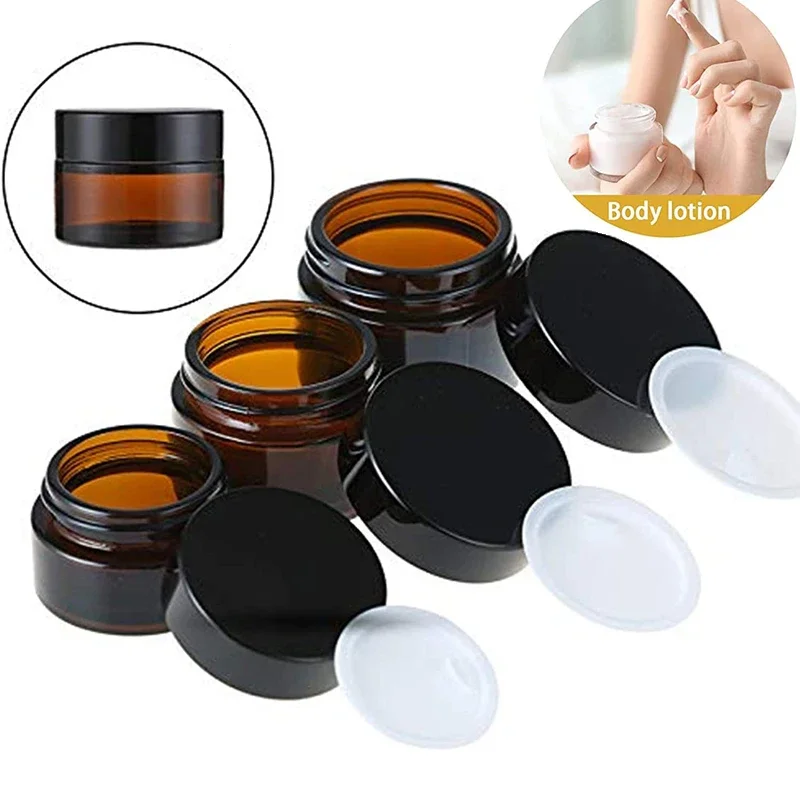 

5Pcs Mini 5g-100g Amber Round Glass Creams Jars Pots W/ Inner Liners & Lids Make up Vials For Lotion Powders Candle Storage