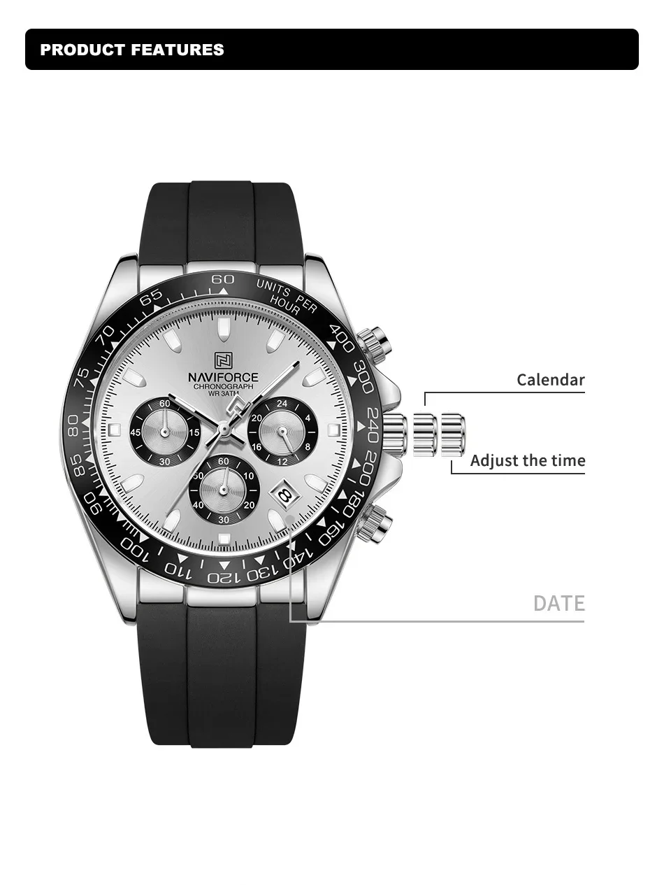 NAVIFORCE NF8054 Originaluhren für Herren, Silikonarmband, lässige Sport-Chronographen-Armbanduhr mit Leuchtfunktion – Detail 3