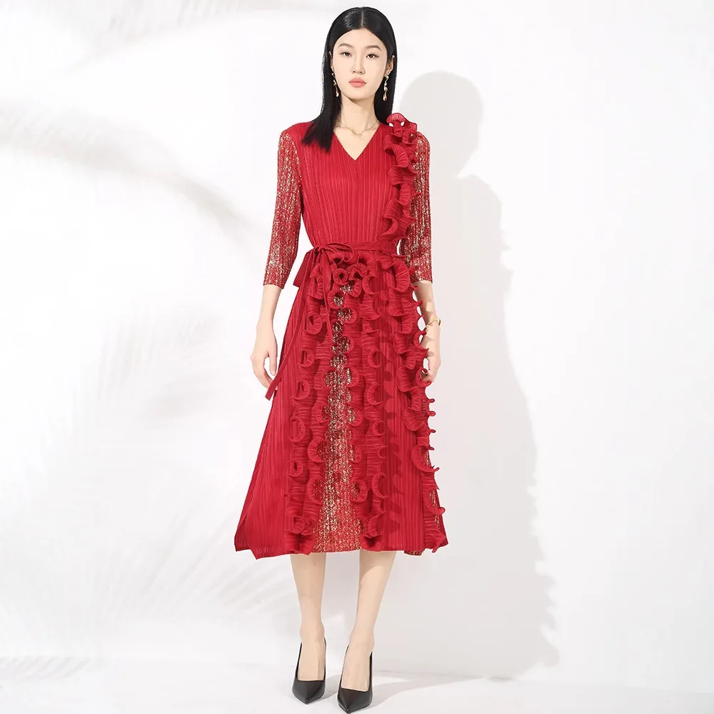 プリーツオーラエンボスVネックレディースドレス,シック,フリルトリム,ウエスト,ルーズ,ミヤケ服,春,新しいコレクション,2022