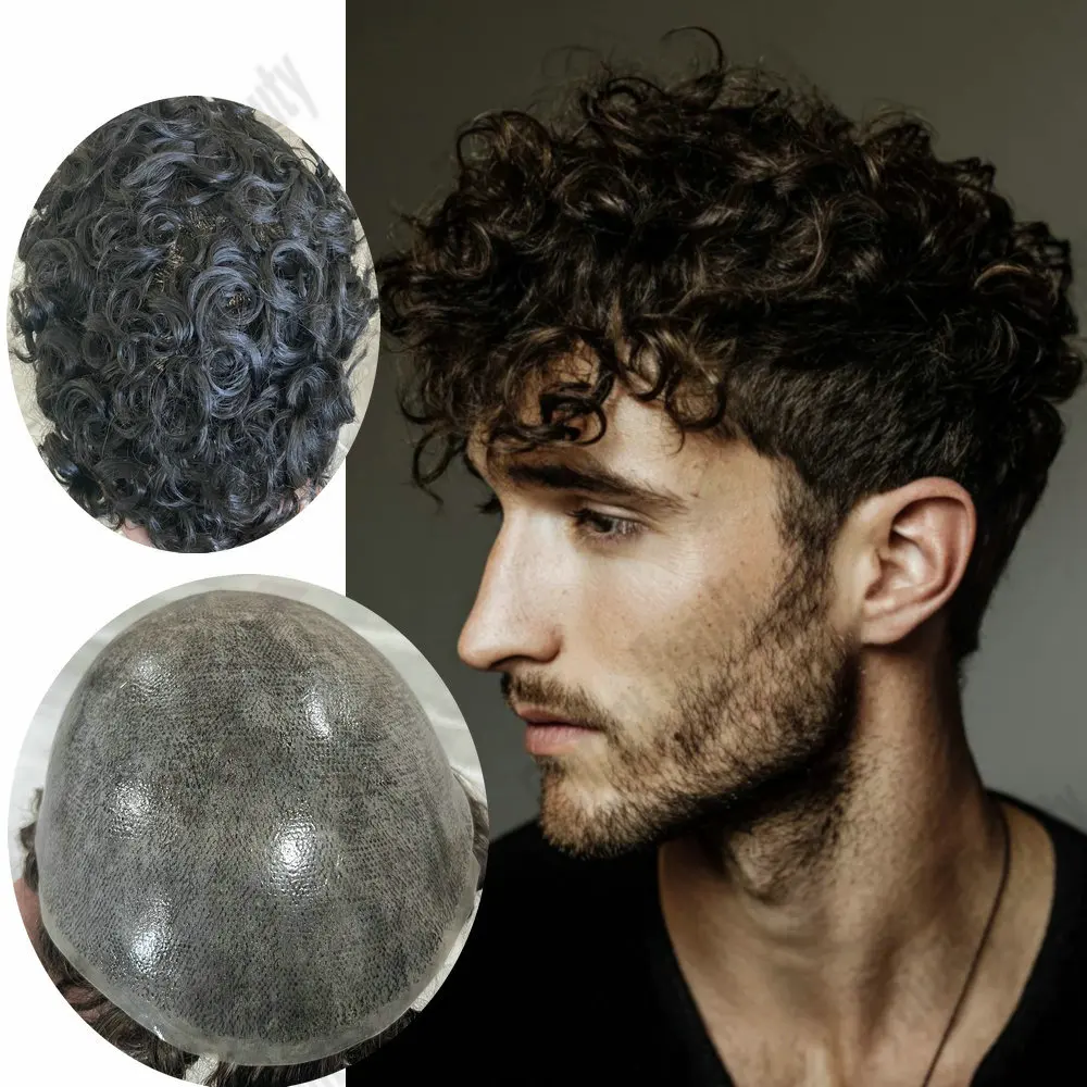 

Мужской парик из натуральных кудрявых волос 20 мм, прочная тонкая основа, естественная линия роста волос, капиллярный протез в оттенках 1b40, 1b80, серый, черный, коричневый