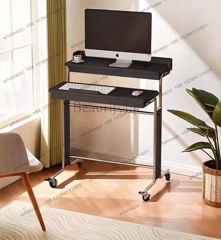Medieval solid wood desk lifting mobile bedside multi-functional office learning computer desk