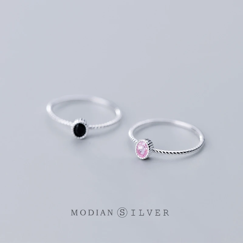 Modian 2021 Popular Simple Black and Pink Crystal Ring for Women 925 Sterling Silver Geometric Ring Korea Style Fine Jewelry
