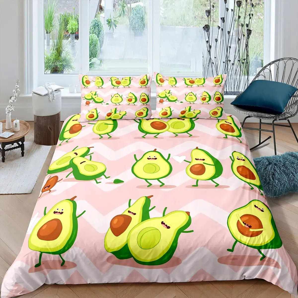 Fruit Duvet Cover Set, Cute Cartoon Avocado Decor 3 Piece Bedding Set with 2 Pillow Shams, Queen King Full Size, Paprika Green