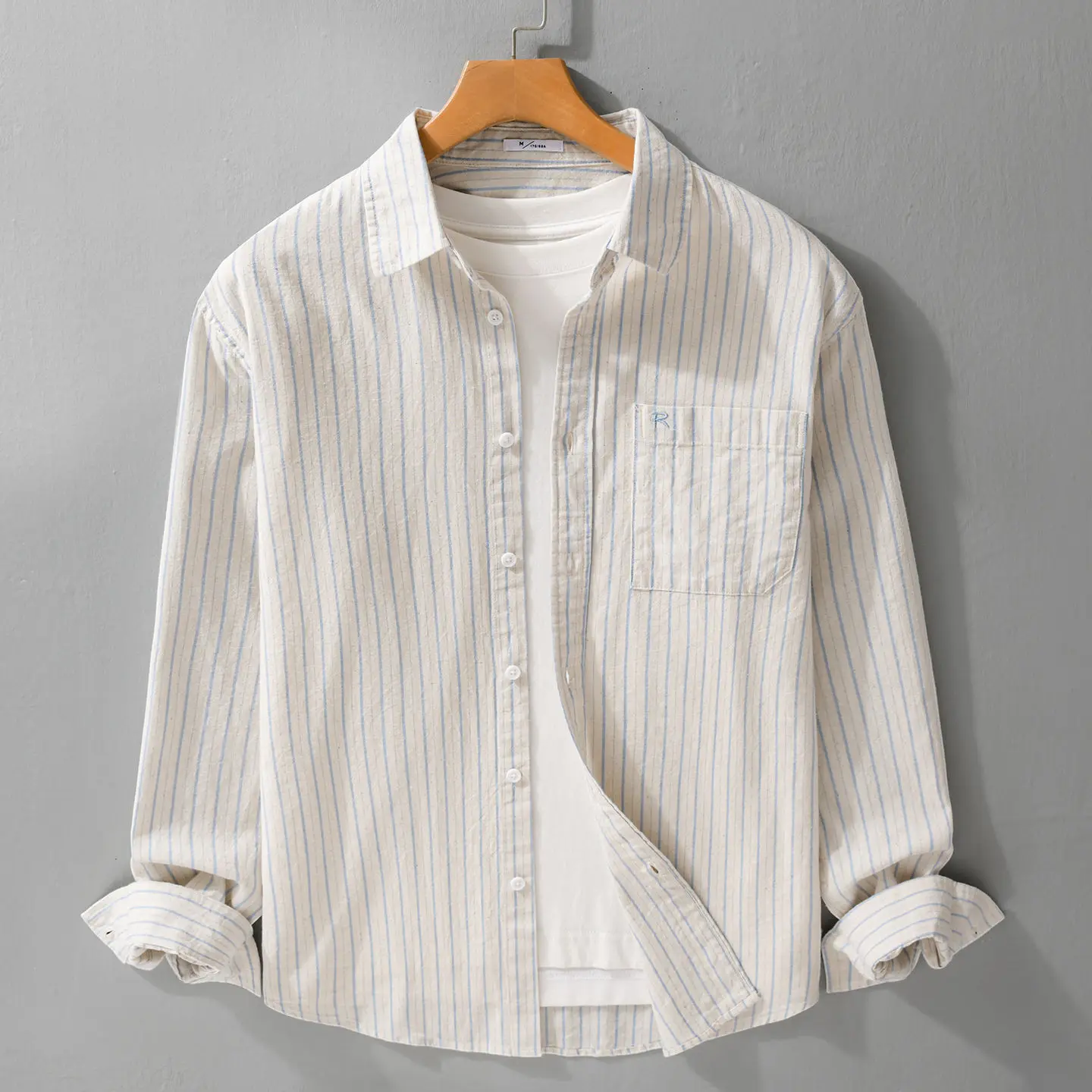 

Casual Comfortable Stripe Embroidered irt Men's Faion Artistic Youth Long Sve Loose Fit Cotton Blend Spring Season