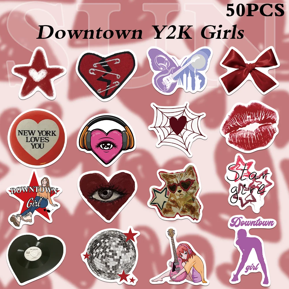 

50Pcs Downtown Y2K Girls Stickers Gift Cartoon Decoration Scrapbook Laptop Luggage Guitar Water Cup Phone Case DIY Decal