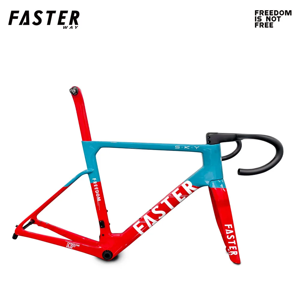 

Карбоновая рама для шоссейного велосипеда FASTERWAY Freedom Classic Blue Red Frameset с вилкой, зажимом подседельного штыря, рулевой колонкой, рулем и дисковыми тормозами 32C.