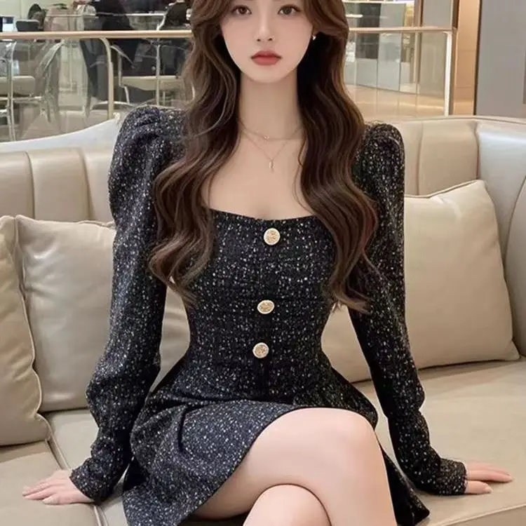 Black Square Neck Dress Women\'s New Style Light Luxury Waist Cinching Slimming A-line Short Skirt