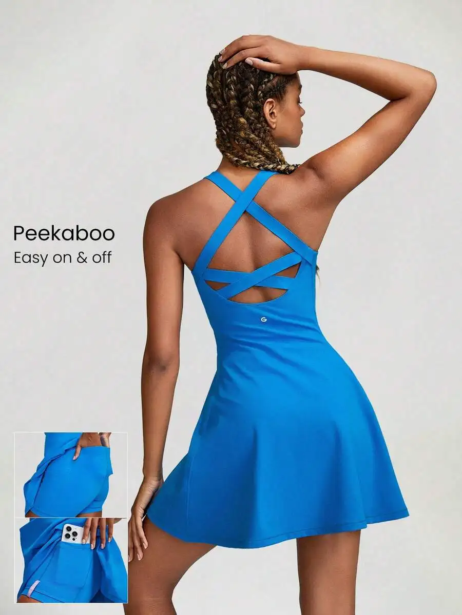 

Blue Crisscross Back Mini Dress With Built-In Shorts And Side Pockets