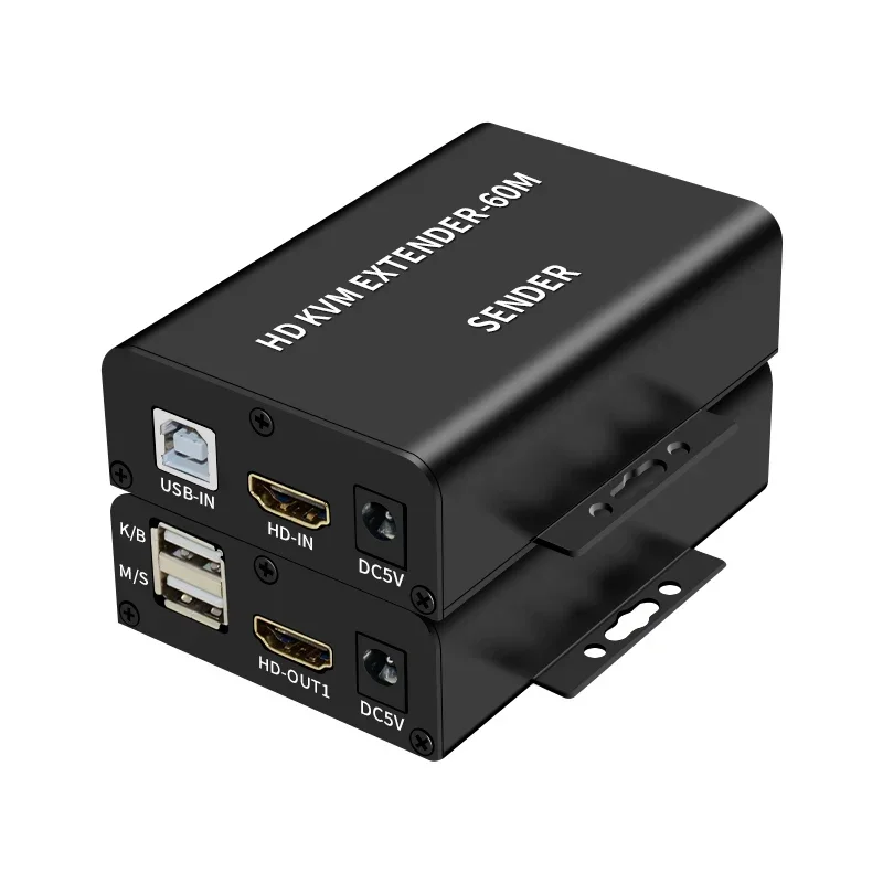 60M HDMI KVM Extender Over Cat6 Ethernet Cable Sender Video Transmitter and Receiver Support USB Keyboard Mouse One Side Power