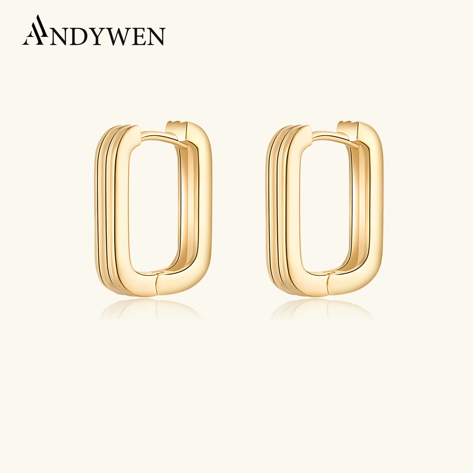 ANDYWEN 925 Sterling Silver Gold Plain Square Hoops Earring Circle Women Rock Punk Clips Pendientes Round Huggies Fine Jewels