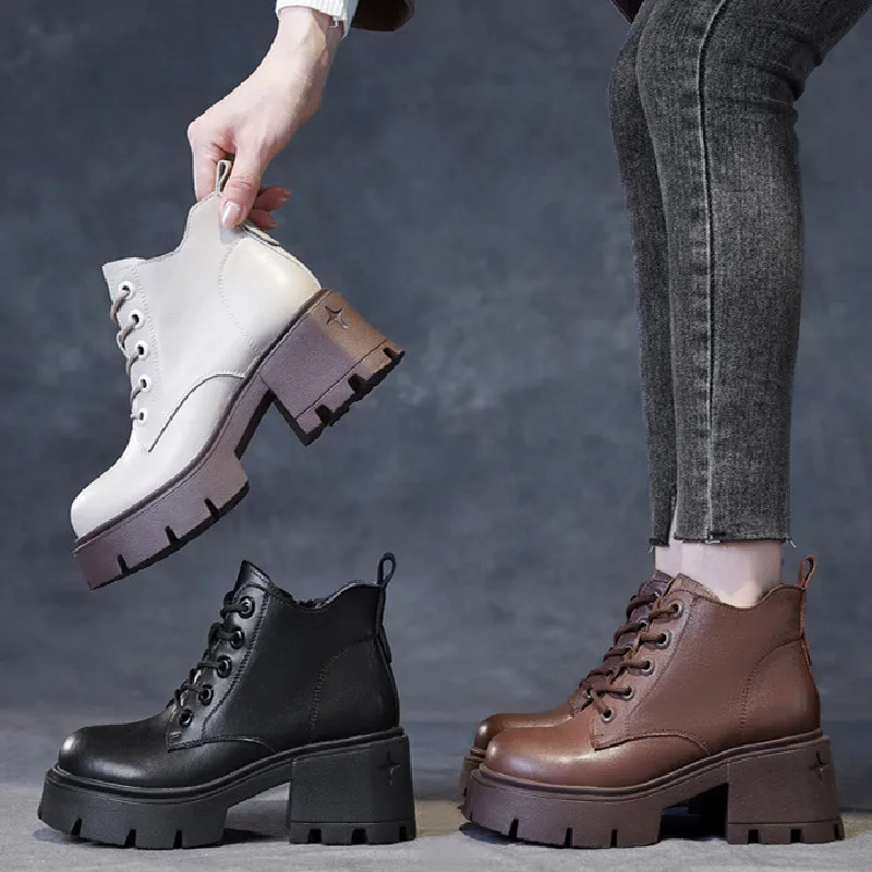 

Коричневые ботильоны на платформе из мягкой кожи, женские короткие ботинки с боковой молнией и круглым носком на шнуровке, женские туфли в британском стиле на массивном каблуке