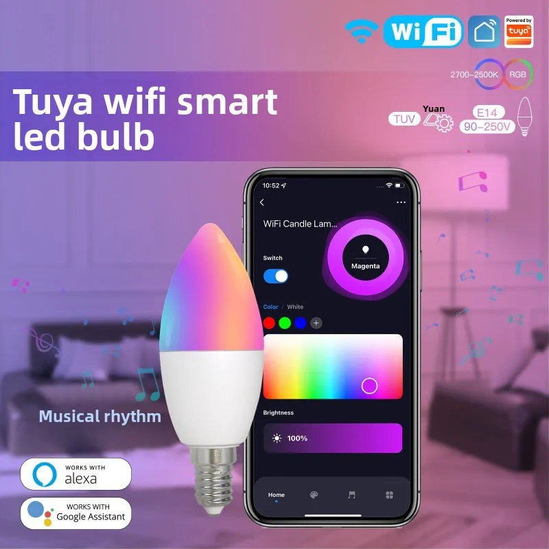 ضوء شمعة LED للمنزل الذكي WiFi Tuya: 6 وات، يتم التحكم فيه بالطبيقات والصوت، وظيفة التوقيت، لمبة ذكية لمزامنة الموسيقى RGB