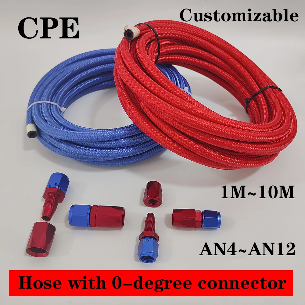 Red/Blue Nylon stainless steel braided inner CPE fuel hose, oil and gas cooler hose+0°connector 1M~10M AN4~AN12