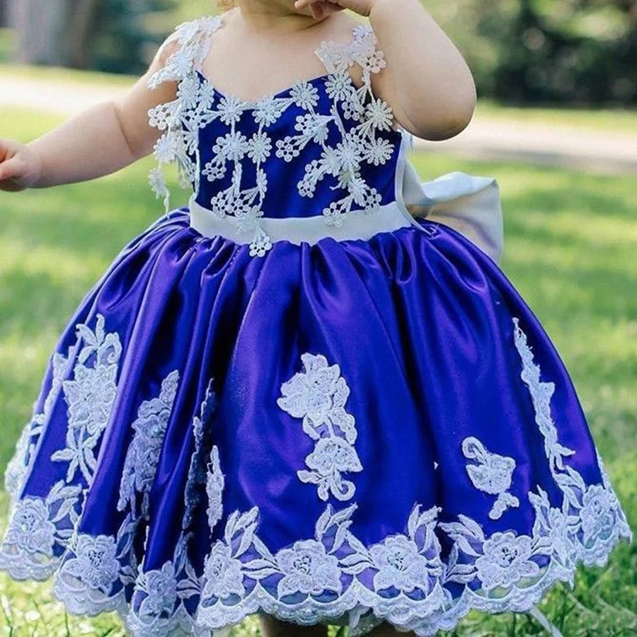 Vestido de flores de boda para niña, largo hasta el suelo, clásico, para baile, cumpleaños, sin mangas, apliques, gran lazo, zafiro, princesa, vestidos de Graduación