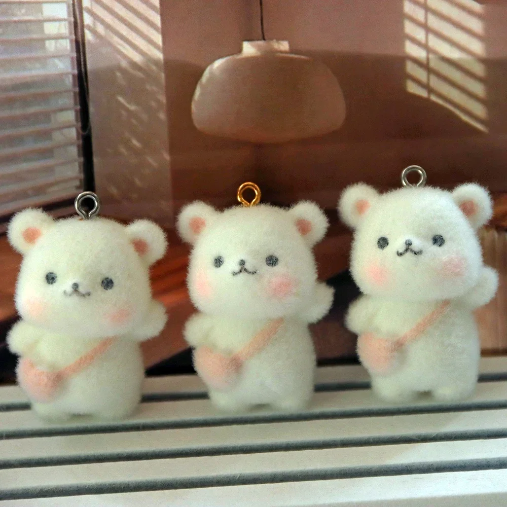 20Pcs/lot 3D Flocking Shoulder Bag Bear Charms Cartoon Animal Plush Resin Pendant For Phone Keychain Earring DlY Jewelry Make