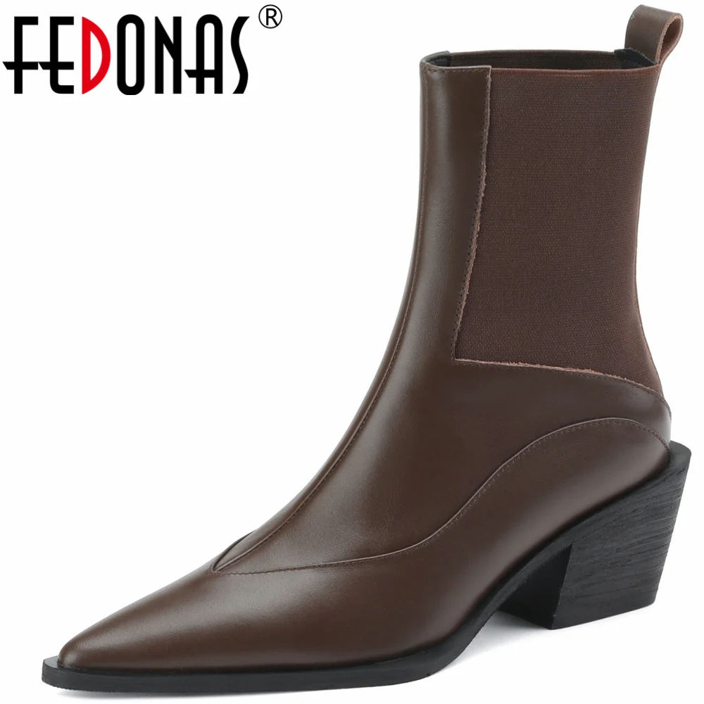 FEDONAS Women Ankle Boots Pointed Toe Splicing Genuine Leather Shoes Woman Thick Heels Autumn Winter Office Lady Chelsea Boots