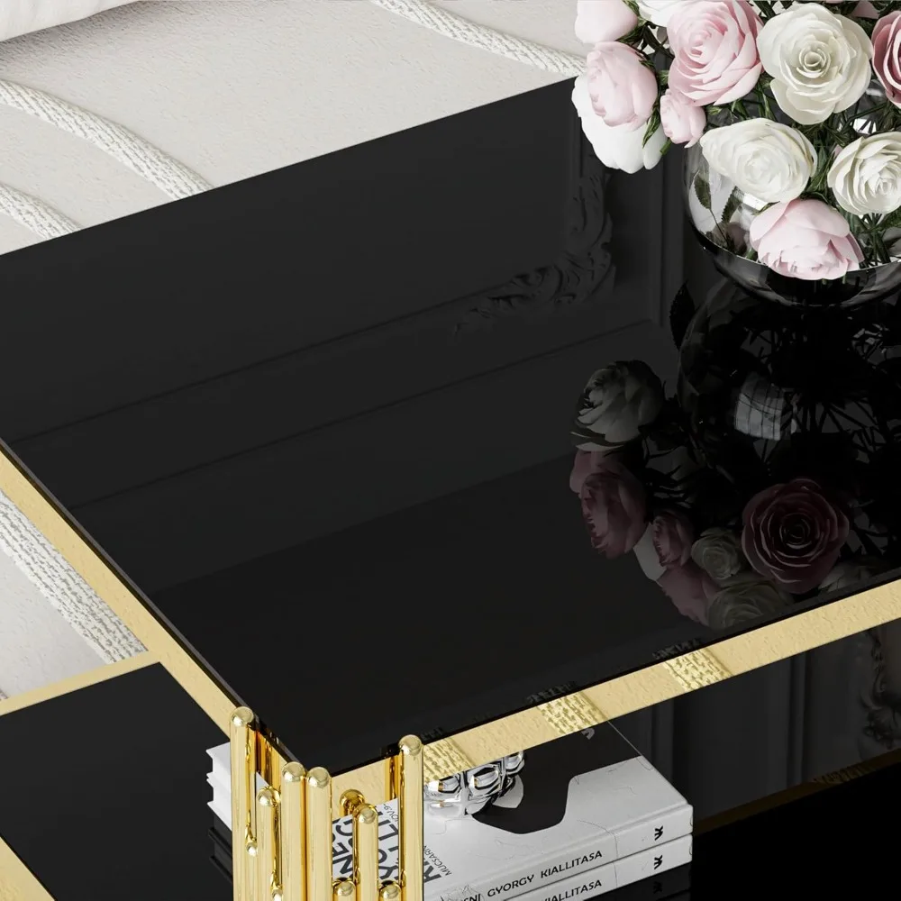 Glass Coffee Table 43" Modern Living Room Table Gold Stainless Steel Metal Leg Rectangular Tempered Glass Luxury Center Tables