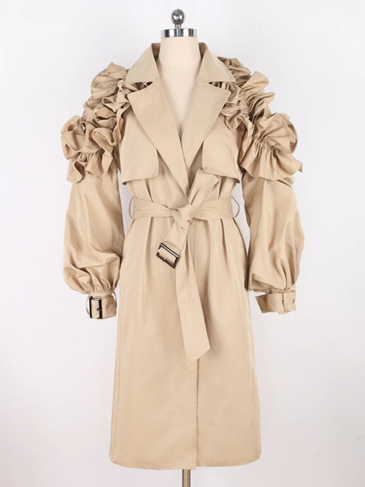 Nerazzurri Early Autumn Long Ladies' Windbreaker Coat Kaki Color Bell Sleeve Women's Jacket Commute Simple Style Polyester Fiber