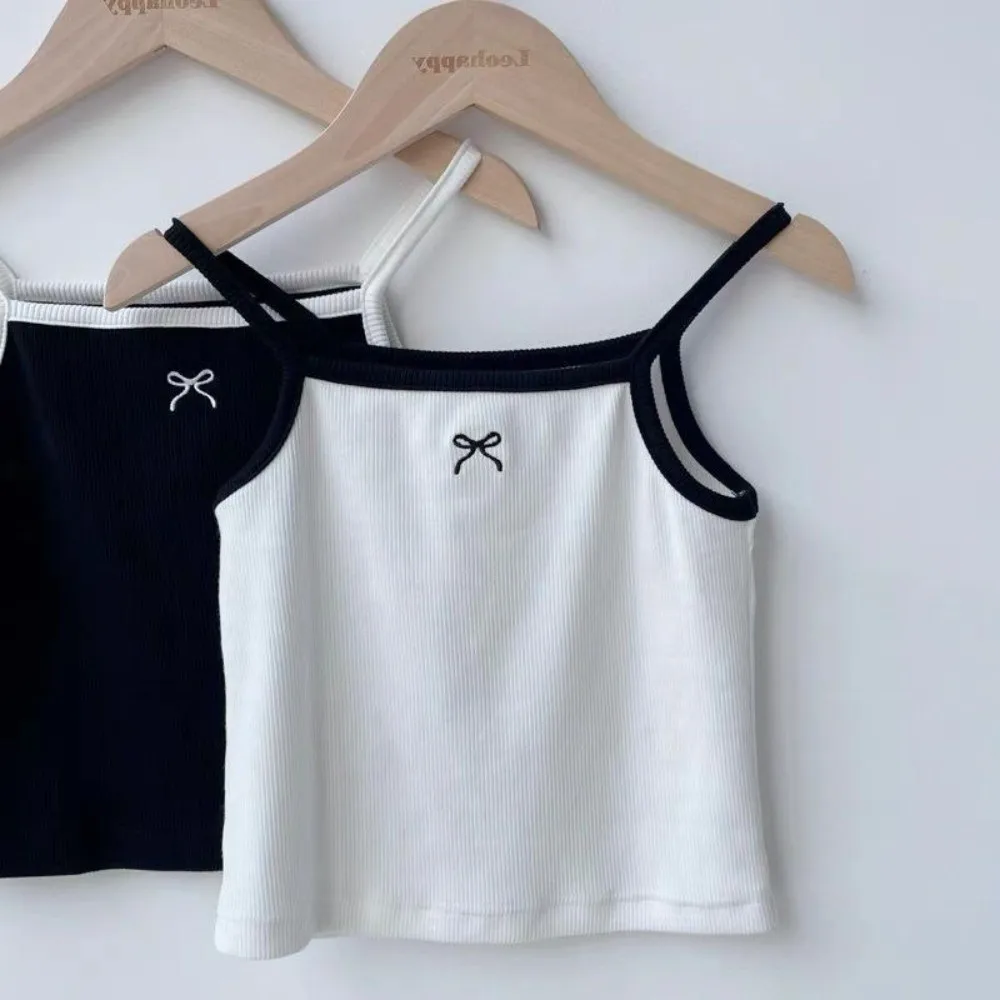 Ribbed Knit Girls Camisole Top Spaghetti Straps Contrast Trim Cropped Vest Bow Embroidery Straight Hem Kids Tank Top Inner Layer
