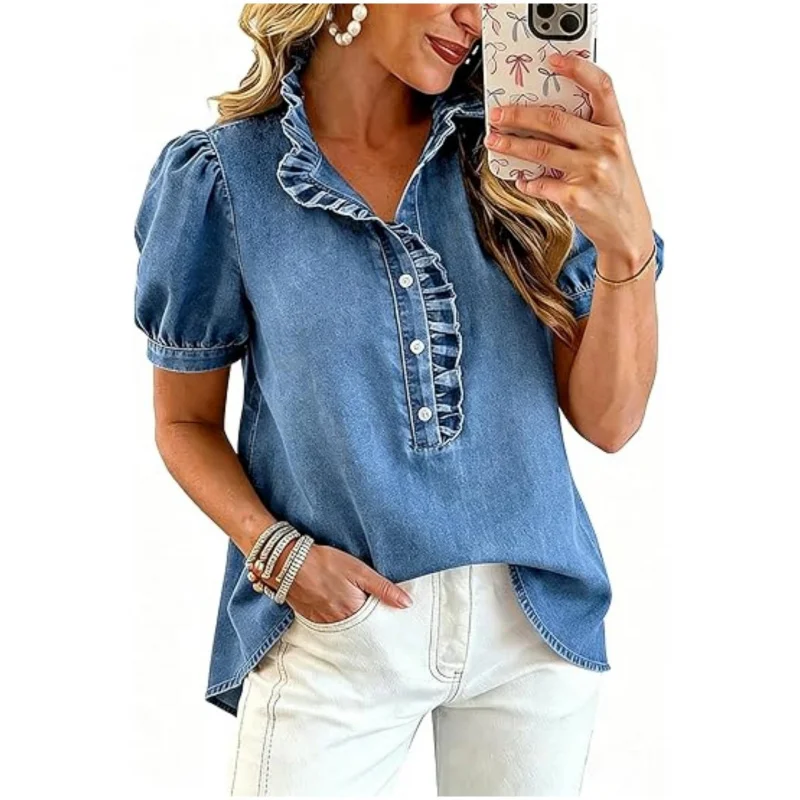 Women's Pleated Denim Top with Buckle Mushroom Edge Bubble Short Sleeve Washed Denim Shirt New 2026 Fashion Casual Top