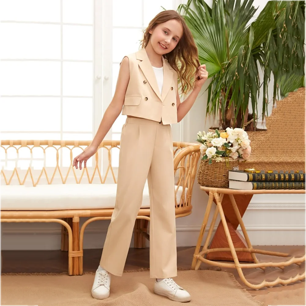Elegant Kids Girl Suit Double Breasted Sleeveless Crop Jacket Pants Children Formal Suit Birthday Party Fashion Trouser Set