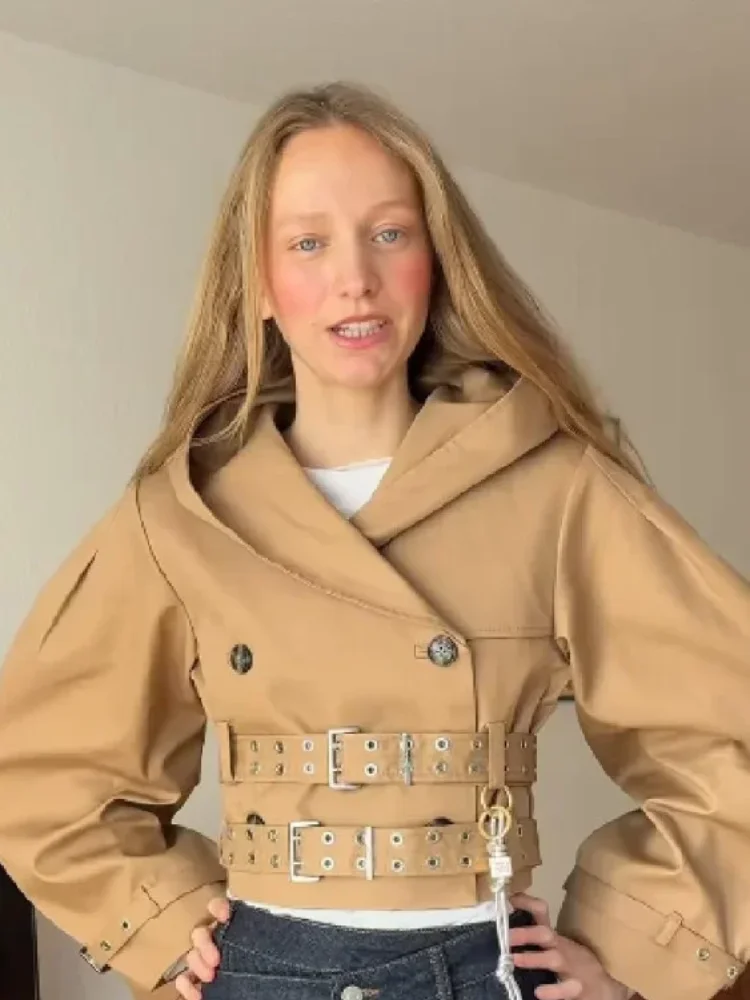 

Retro Double Belted Trench Coat Women Elegant Lapel Long-sleeved Double-breasted Loose Jacket 2026 Lady Commute Windbreaker New