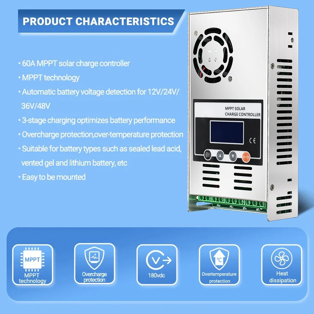 ECGSOLAX 60A MPPT Solar Charge Controller Battery Charging Controller 12V 24V 36V 48V Auto Max PV 150VDC 60A Solar Controller - view 7