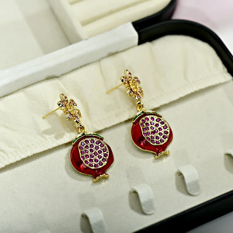 Women Vintage CZ Pomegranate Flower Stud Earrings Retro Fruit Shape Enamel French Light‑Luxury High‑End Design Elegant Female Ea