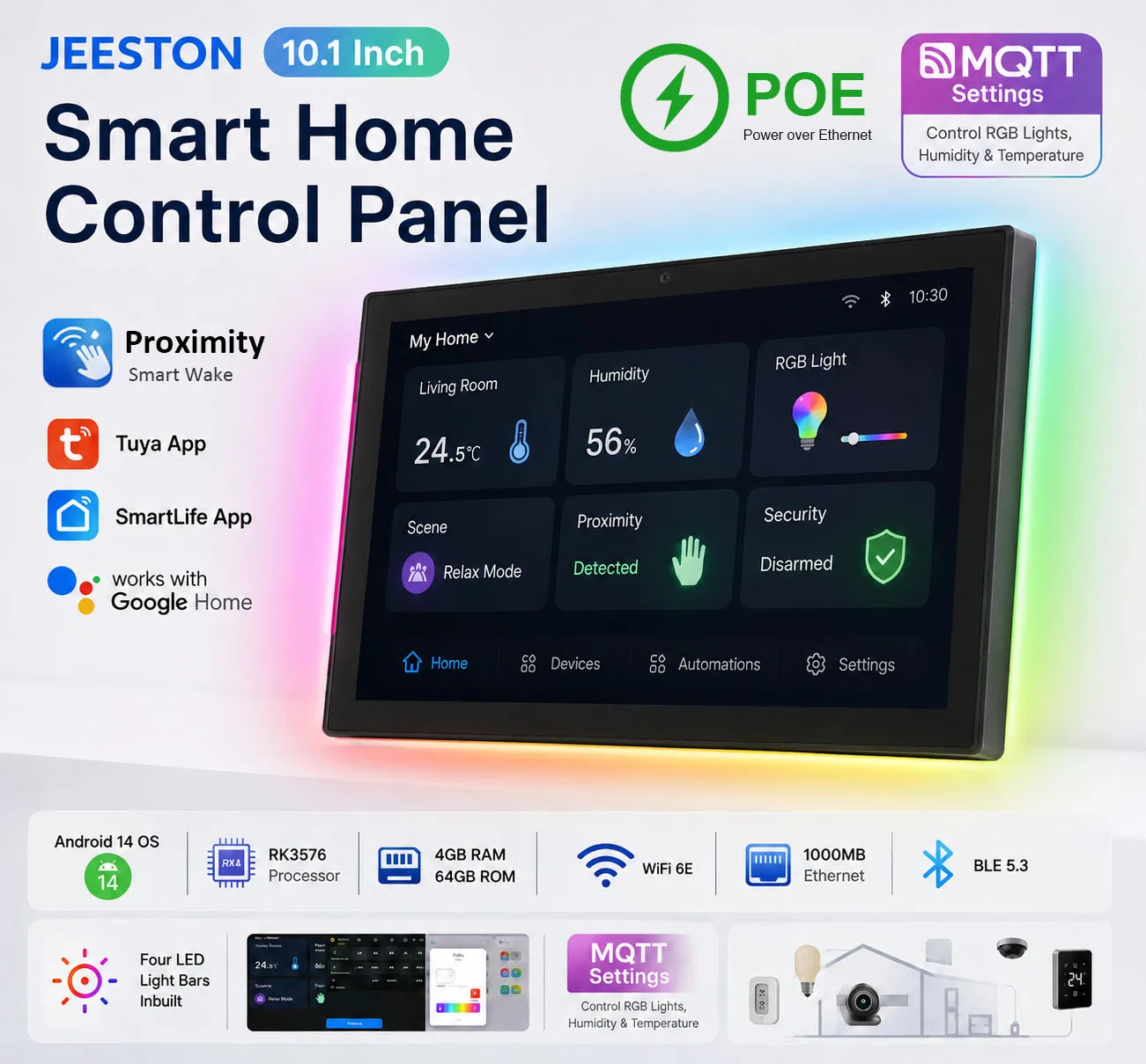 Fast 10.1 Inch Proximity Sendor Smart Home Control Panel, Android 14 8-core 4G+64G MQTT Google Assitance, POE RGB Light Tuya PAD