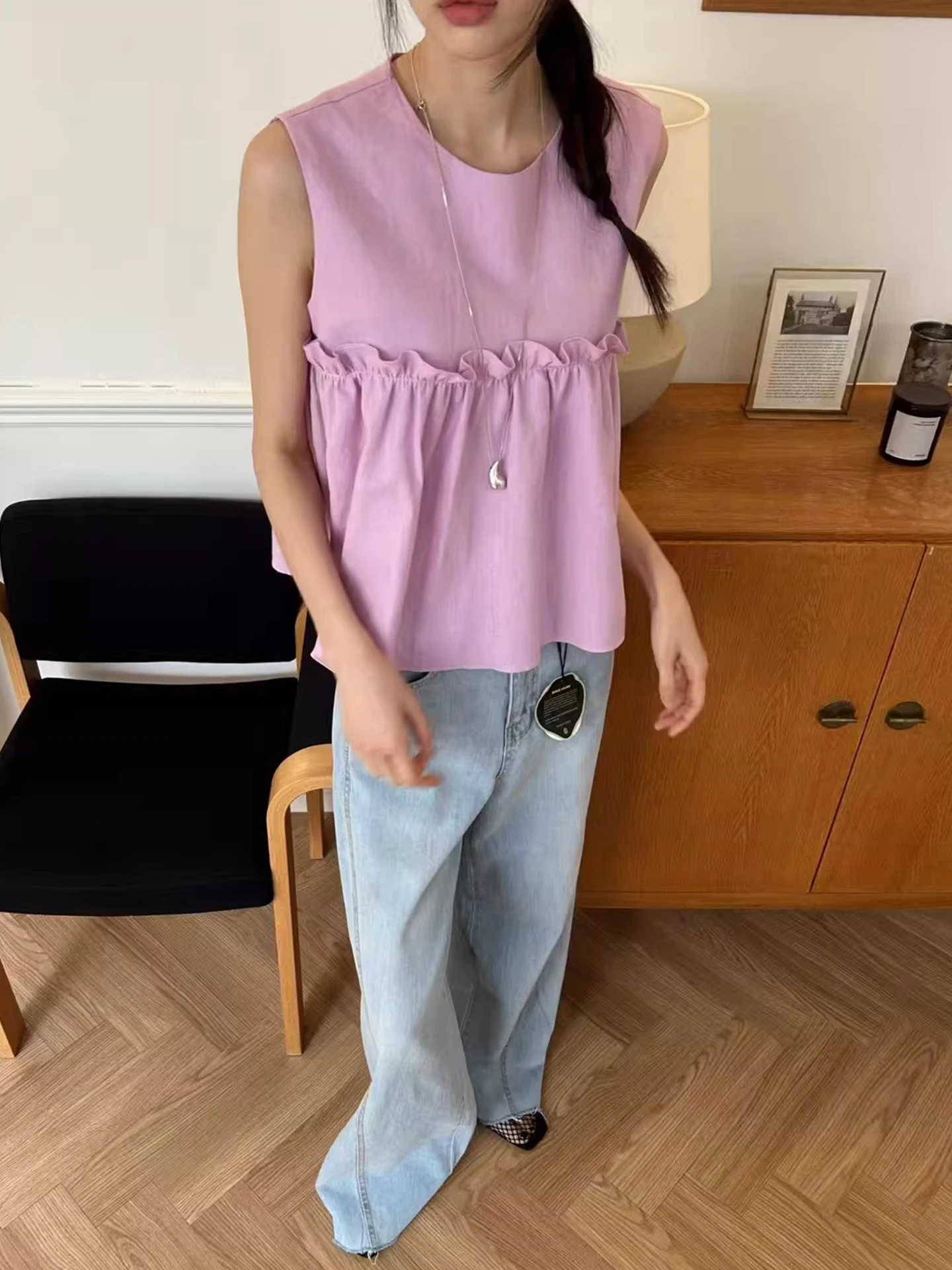 

Loose round Neck Sleeveless Shirt Women's Summer New Style Ample Match Wood Grain Korean Version Polyester Fiber Top