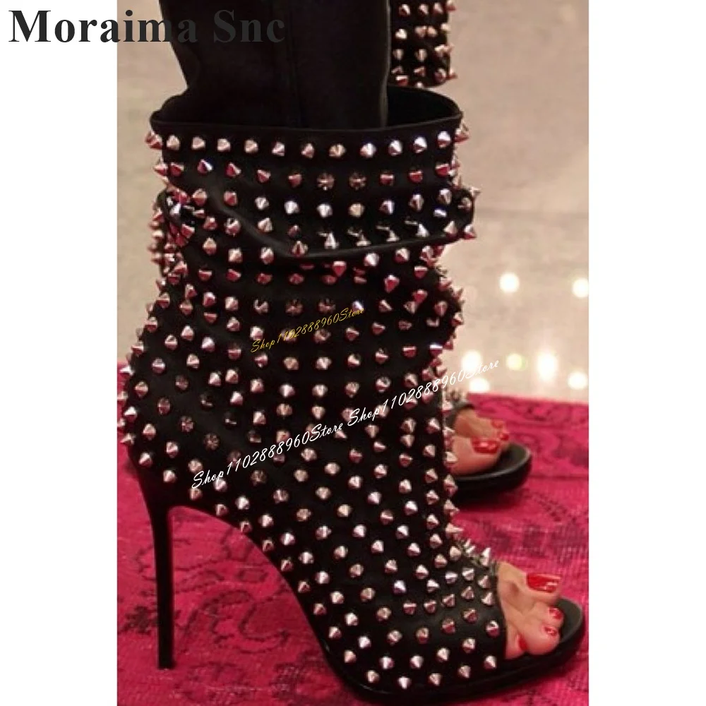 

Trending Black Rivet Mid Calf Boots Thin High Heel Shoes For Women Slip On Peep Toe 2024 Fashionable Zapatos Para Mujere