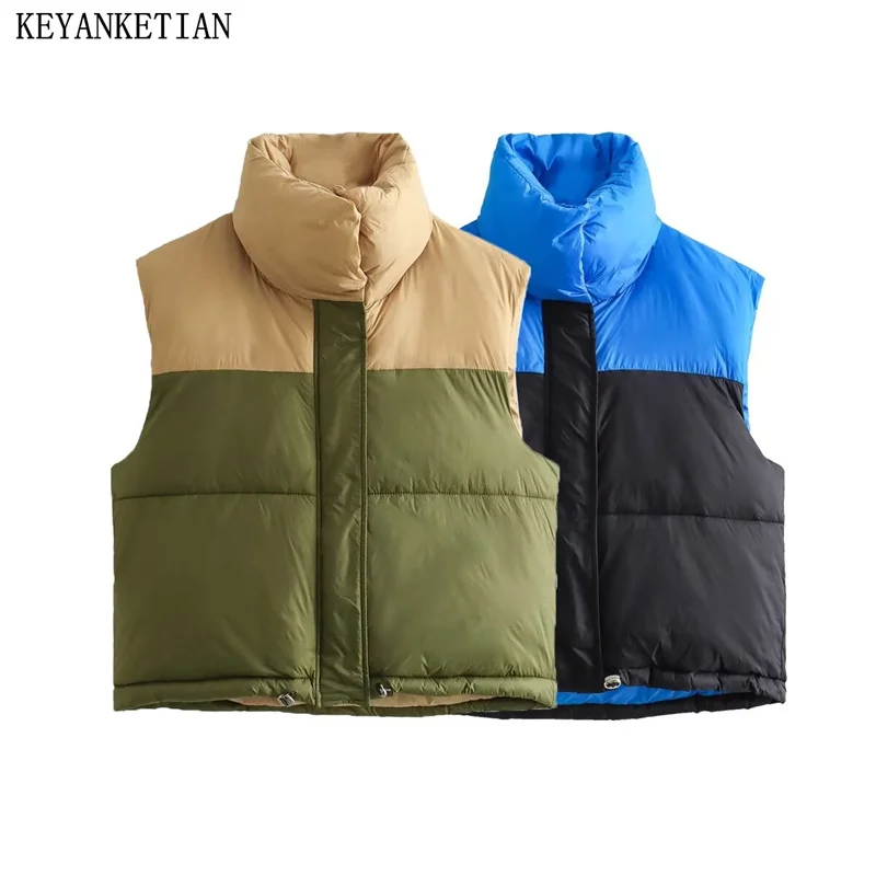 KEYANKETIAN 2024 New Launch Women's Contrast Color Padded Waistcoat Spring Unisex style Stand collar Crop Quilting Vest Top