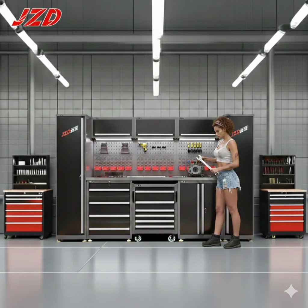 JZD Workshop Garage Storage Heavy Duty Iron Cabinet with Toolbox Hooks Plate Board
