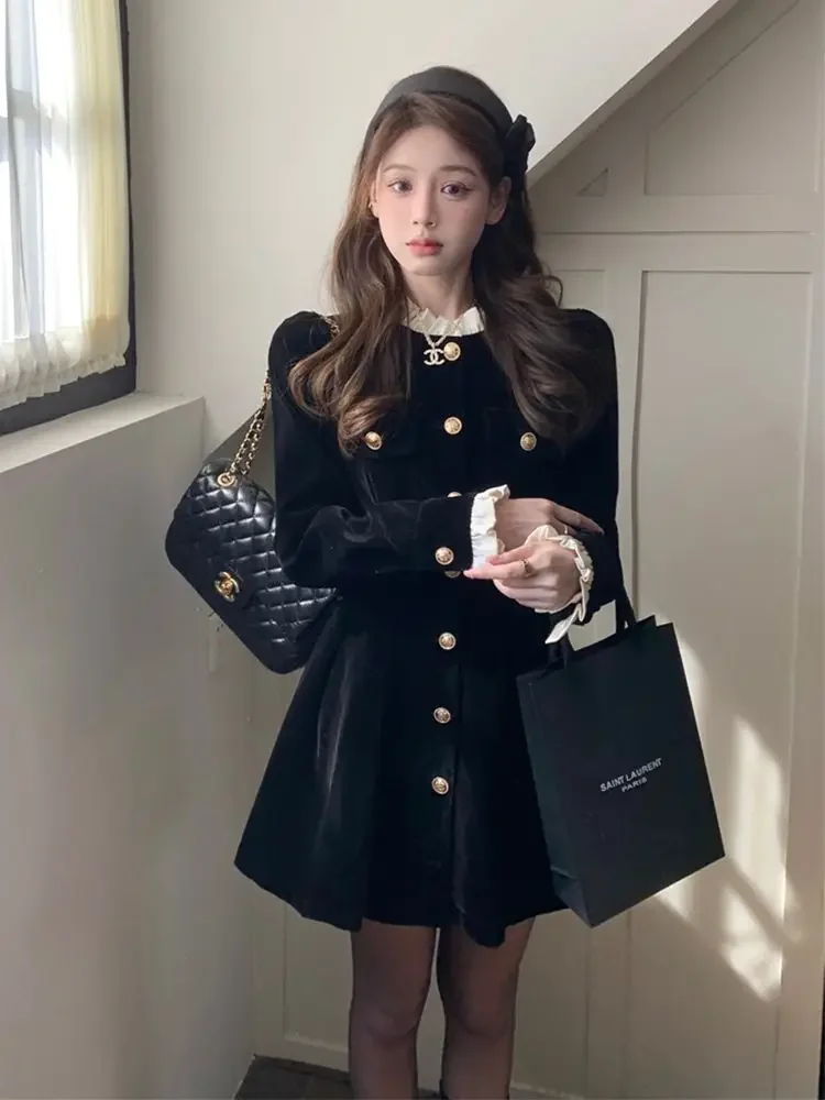 Gagarich Korean Wealthy Heiress Black Velvet Dress Women 2024 Autumn Outfit Birthday Evening Midi A-line Vestidos