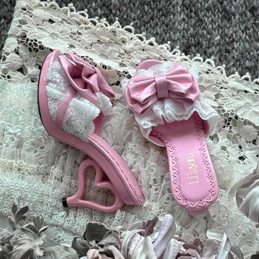 

Women Hollow Heart Shaped High Heel Open Toe Slide Mules Lace Ruffle Big Bow Decor Slippers Sweet Lolita Gal Style Dress Sandals