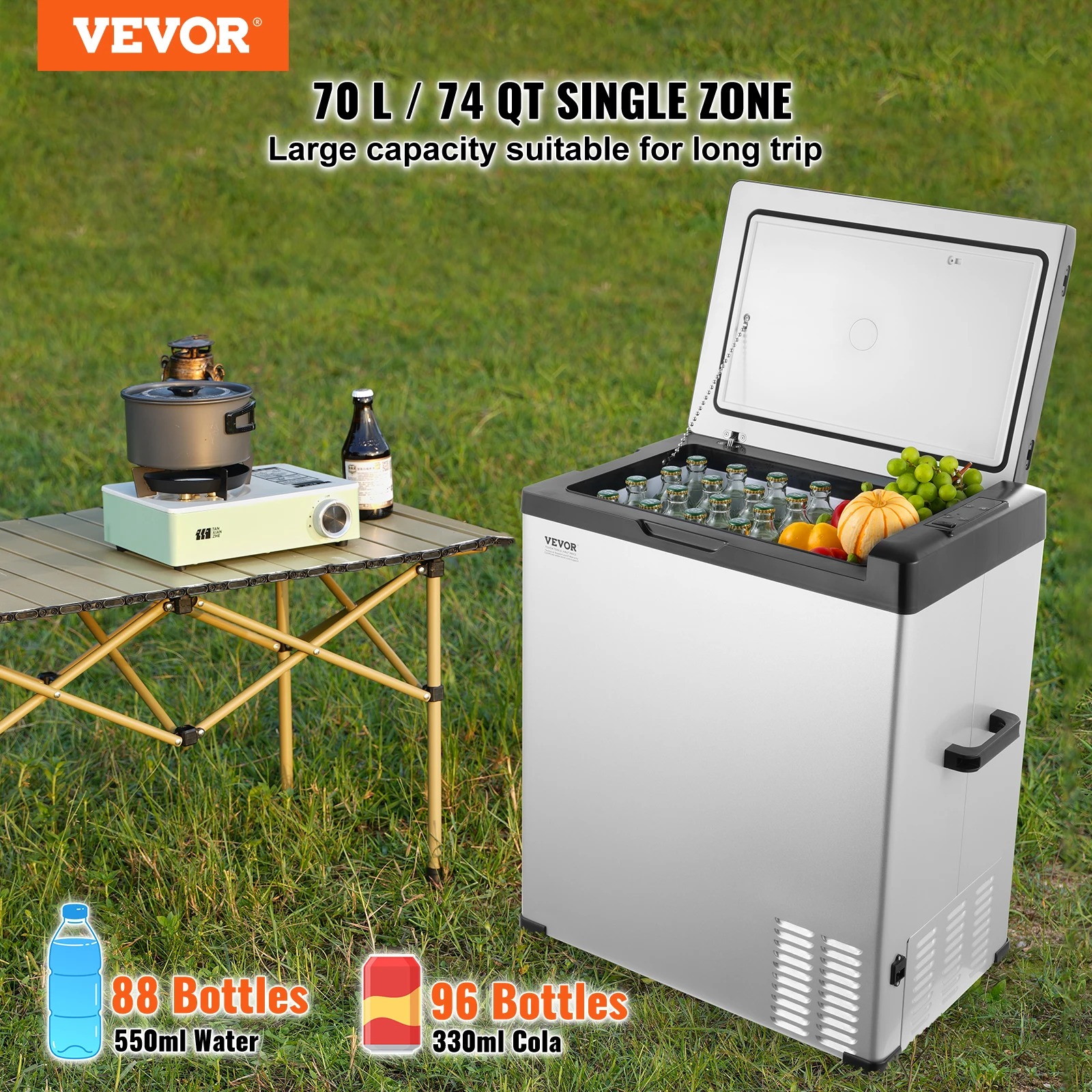 VEVOR 70L Car Refrigerator, 12V Car Fridge, Single Zone Portable Freezer, -4℉-68℉, 12/24V DC and 100-240V AC Compressor Cooler