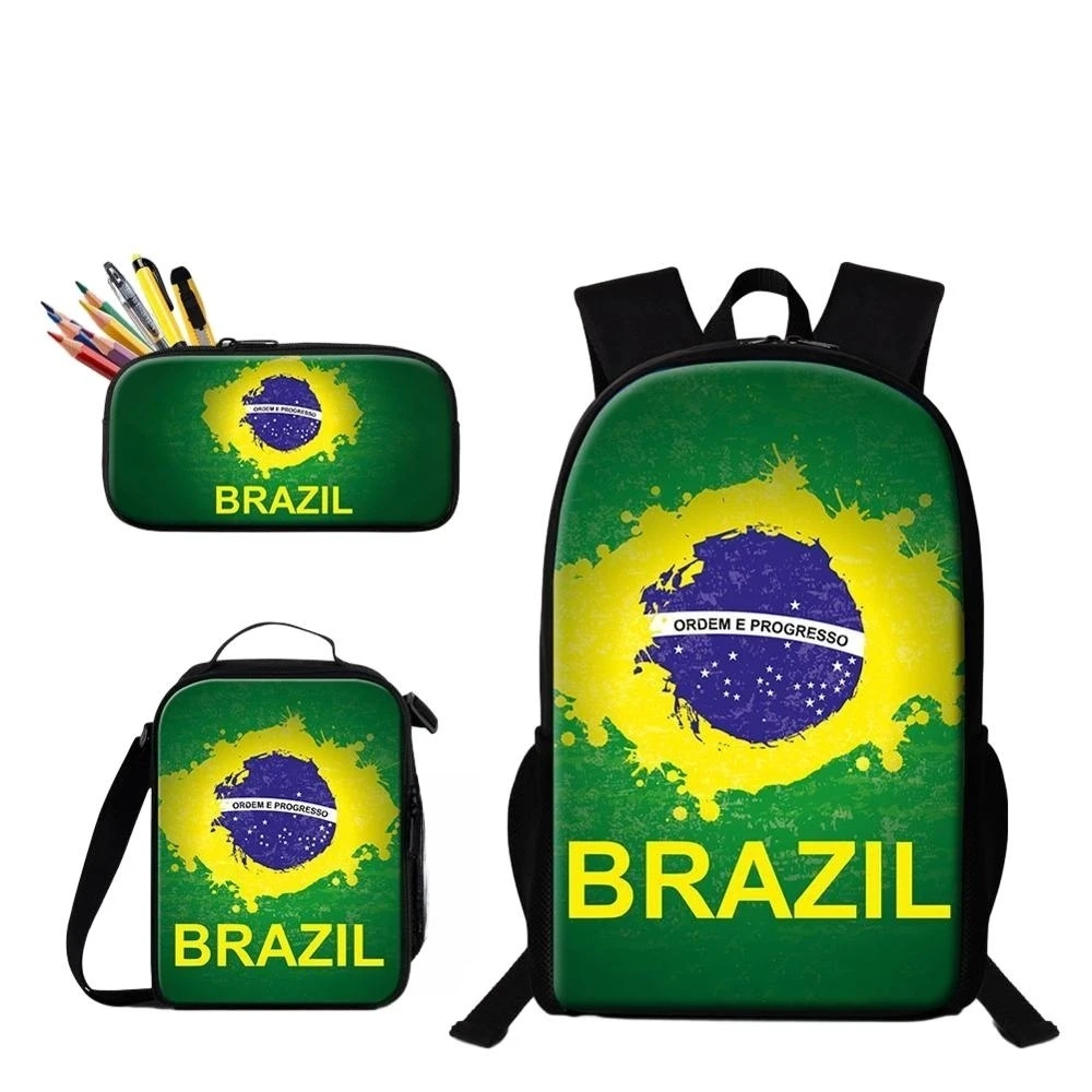 Tas sekolah pola bendera Brasil 3 buah/set tas sekolah untuk anak laki-laki perempuan ransel sekolah tas Harian anak-anak dengan tas kotak pensil makan siang