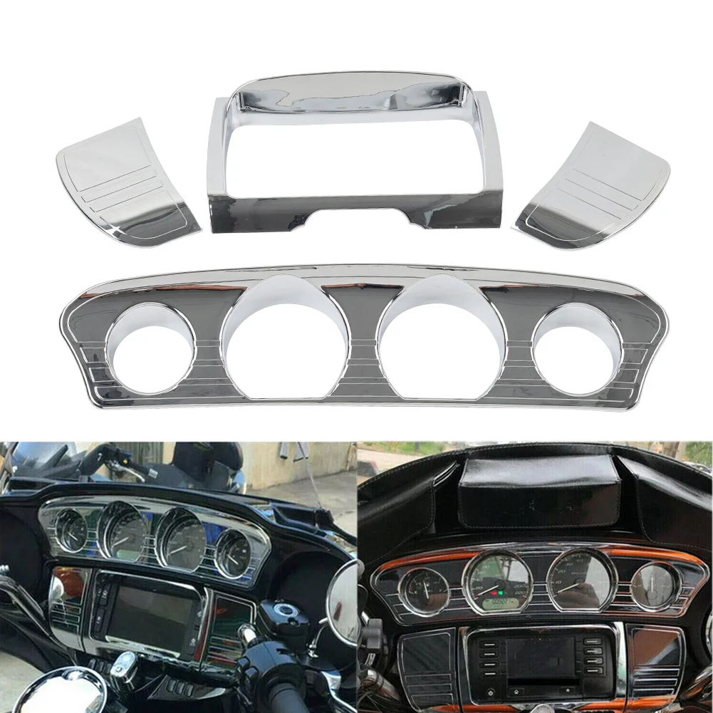 

4Pcs Motorbike Tri Line Gauge Stereo Accent Trim Cover ABS Chrome For Harley Touring Models Electra Street Glide 2014-2023