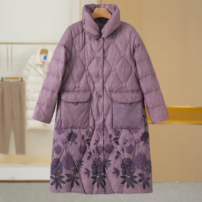 

Теплая женская зимняя куртка с принтом, длинная, с воротником-стойкой, новая, модная, с наполнителем из полиэфирного волокна, пуховик из белого гусиного пуха