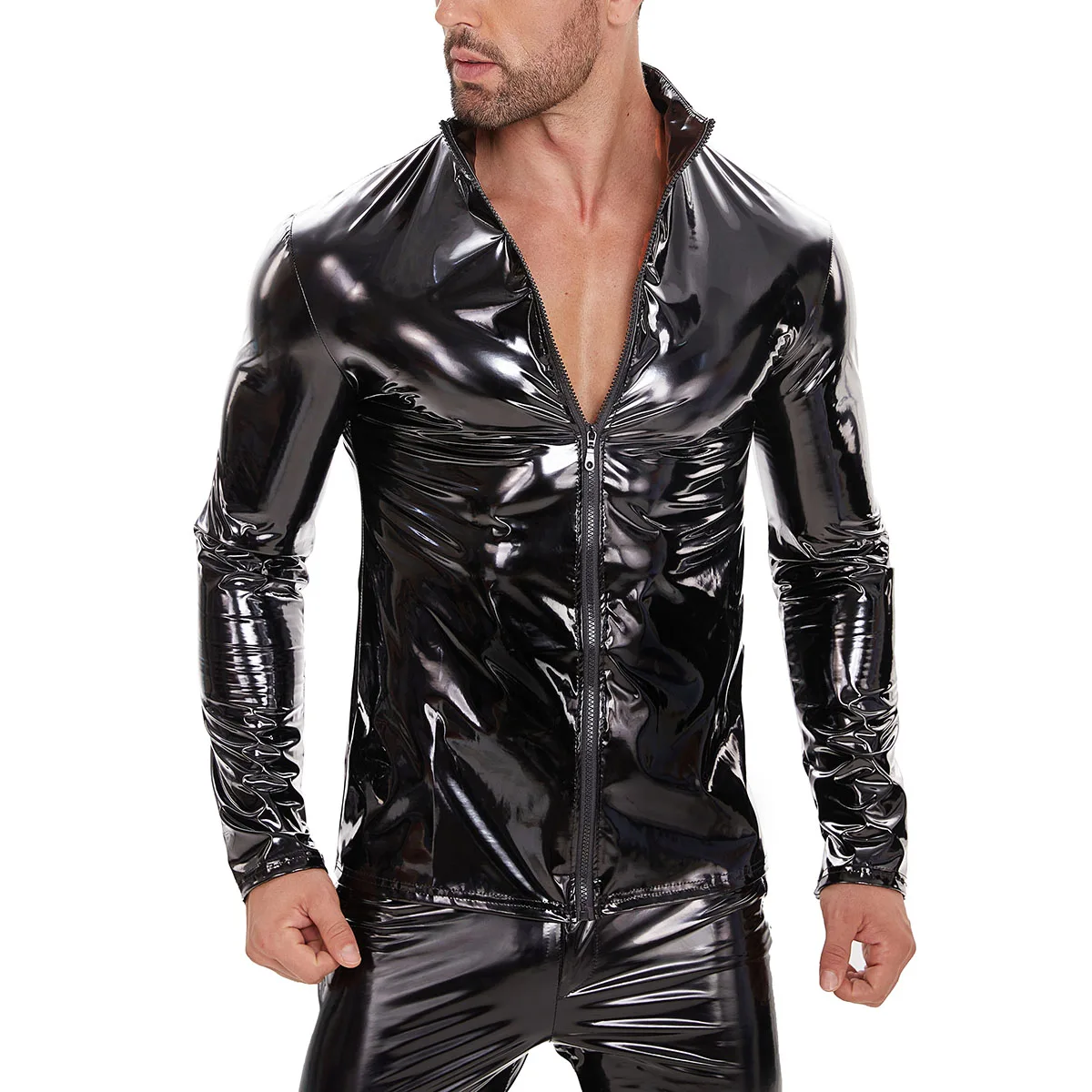 

Mens Plus Size Glossy Leather Shirts Long Sleeve Full Zipper Wetlook Leather Windbreaker Jacket Male Stand Collar Casual Coats