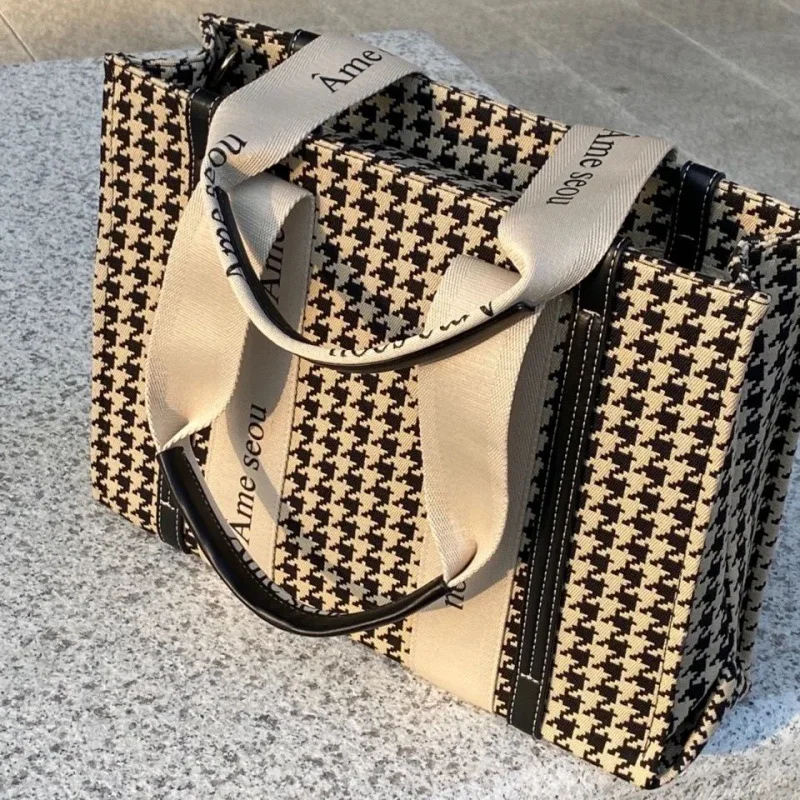 Canvas Tote Shopper Bags for Women Houndstooth Rhombic Lattice Pattern Luxury Fashion Large Capacity OL Work Crossbody Bags