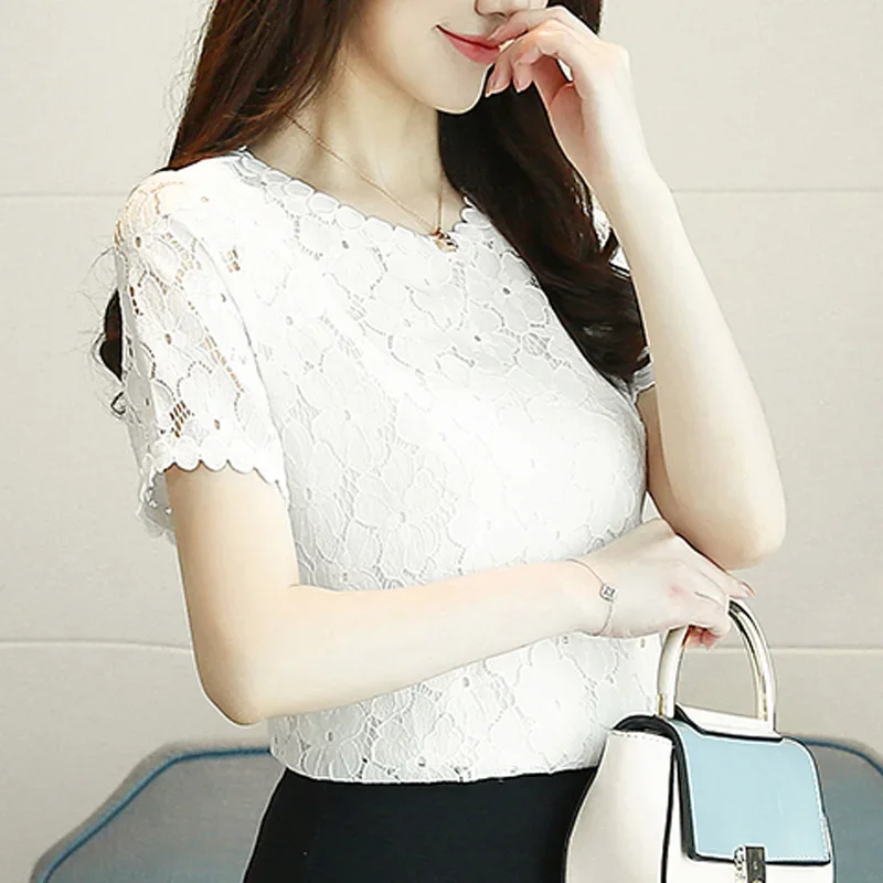 New Fashion Summer Short Sleeve Blouse Lace Women\'s Tops Sweet O-neck Clothing Elegant Shirt White Hollow Out D710