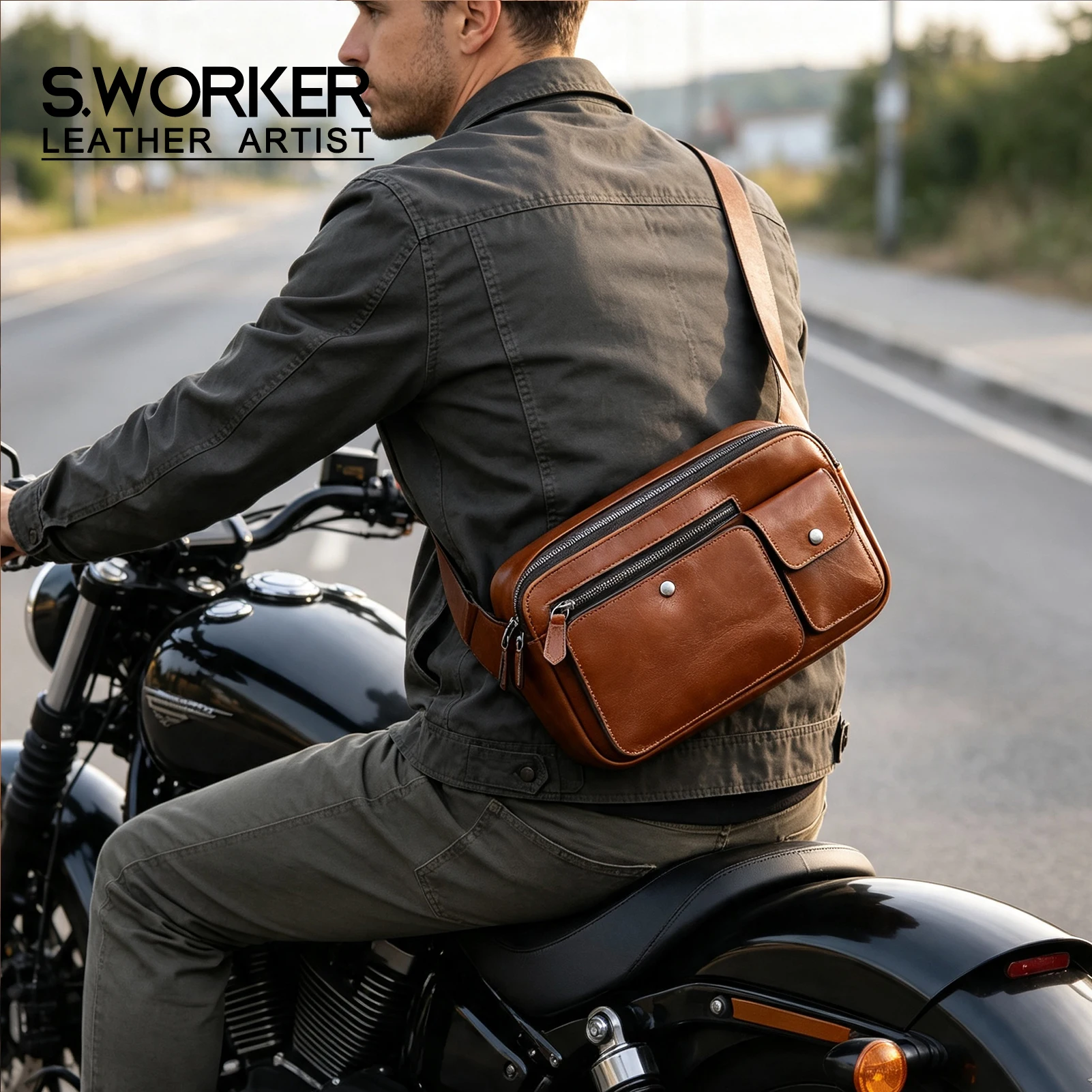 Vintage-Hüfttasche aus hochwertigem Rindsleder, lässige Schultertasche für Herren, multifunktionale Motorrad-Brusttasche aus echtem Leder – Detail 2