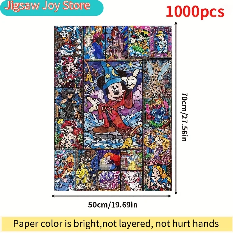유리 그림 스타일의 만화 캐릭터가 있는 1000피스 퍼즐, 미키 마우스, 스티치, 곰돌이 푸, 그리고 디가 포함되어 있습니다.