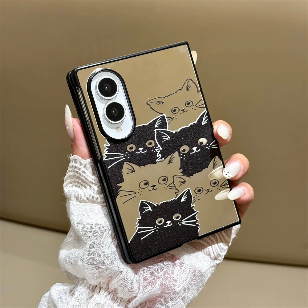 Cute Black Cat Mirror Phone Case For Samsung Galaxy Z Fold8 Ultra Fold7 Fold6 5 4 Cartoon Foldable Shockproof Protective Cover